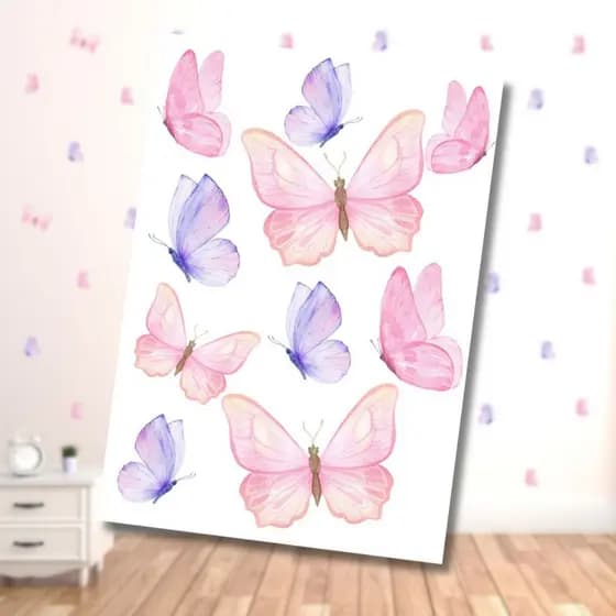 50 Adesivos de Parede Borboletas Rosa e Lilás Aquarela Fundo Transparente Decoração Quarto Menina e Bebê