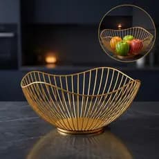 Fruteira Decorativa Aramada Ferro Borda Ondulada Centro De Mesa Moderna Cozinha Sala Preto Dourado