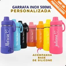 Garrafa Térmica Inox 500ml / 600ml + Base Silicone Personalizada a Laser Logo Nome