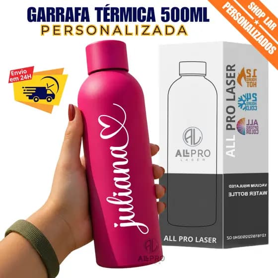 Garrafa Térmica Inox 500ML Pintura Emborrachada Personalizada Nome logo