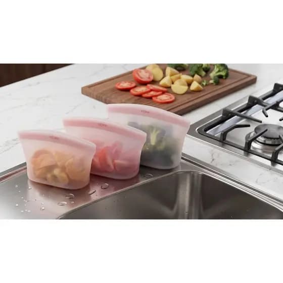 Saco de Silicone Para Armazenar Alimentos Reutilizável Para Geladeira Freezer e Microondas Kit 3 Peças