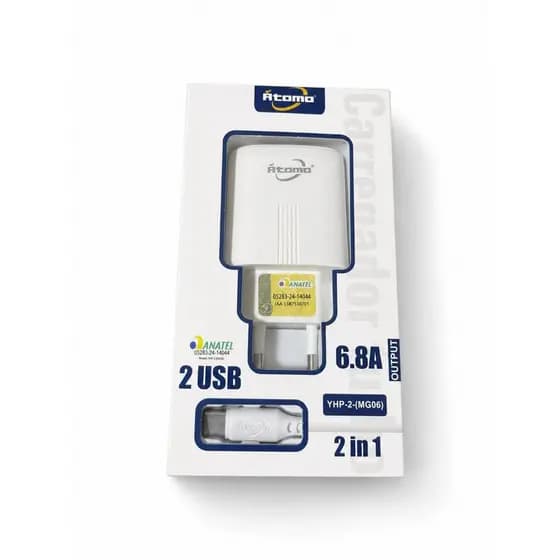 Carregador Turbo, Carregador Rápido, Átomo, 6.8A, Dual USB, Cabo Tipo-C, Carregador Celular, Homologado Anatel, Acessóri