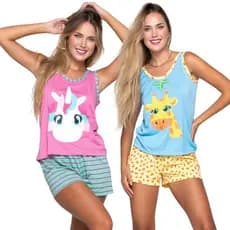 Kit 2 Baby Doll Regata Adulto Short Doll Feminino Roupa de Dormir Verão Pijama Manga Curta Personagens