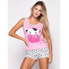 Short Doll Verão Pijama Barato Feminino Melhor Preço Curto Personagens Oferta Regata Estampado Vaquinha