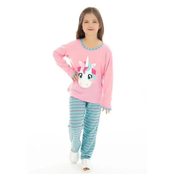 Pijama Infantil Manga Longa Feminino Unicórnio Inverno Estampado Confortável Elástico na Cintura