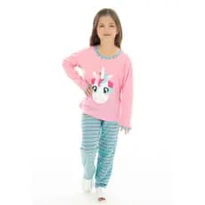 Pijama Infantil Manga Longa Feminino Unicórnio Inverno Estampado Confortável Elástico na Cintura