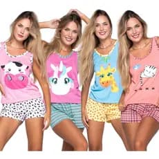 Pijama Adulto Regata Short Doll Feminino Roupa de Dormir Verão Manga Curta Personagens Elástico