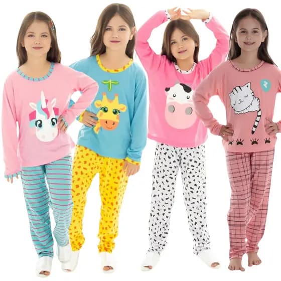 Kit 4 Pijamas Longo Infantil Feminino Estampado Manga Longa Inverno Personagens Festa do Pijama