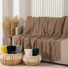 Manta Decorativa Elegante Sofá Descanso Doha 100% Algodão Franjas 1,70x2,40 m Textura Quadriculada