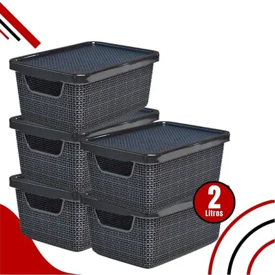 Kit 2 Peças Caixa Organizadora Jutta Preto 2 Litros com Tampa Organizador de Maquiagem Gavetas Bijouteria