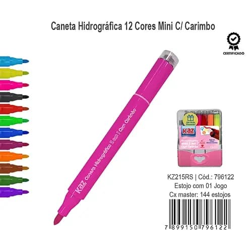 Canetinha Hidrografica 12 Cores Mini C/Carimbo Kz215 Rosa Kaz