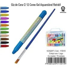 GIZ DE CERA C/12 CORES GEL AQUARELAVEL RETRATIL COM PINCEL