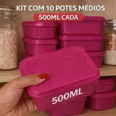 Kit 10 Potes 500ml Plástico Hermético com Tampa Livre Free BPA Marmita Freezer Organizador Cozinha