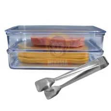 Kit Porta Frios Duplo com Tampa Empilhável Acrílico Resistente + Pegador de Frios Aço Inox Cozinha