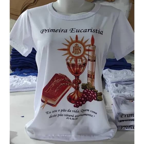 camisa primeira Eucaristia 100% poliéster crisma