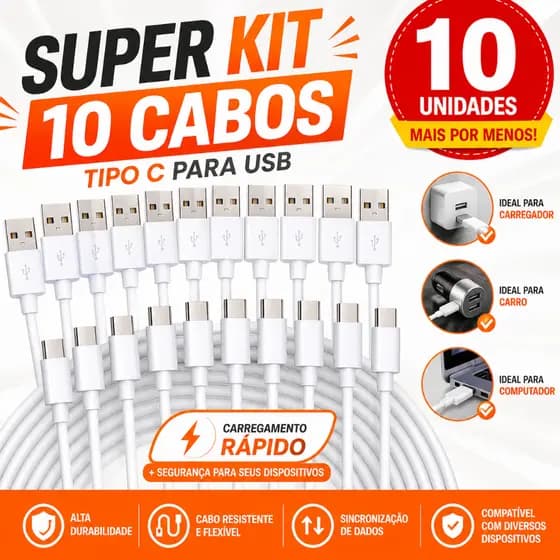 Kit 10 Cabo Tipo C x USB Compatível IPhone 15 16 17 Pro Max Turbo Carregamento Rápido 1 metro
