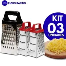 Kit 03 Ralador Fatiador Inox 4 Faces Queijo Legumes e Frutas Prático e Resistente Aço Inoxidavel Cozinha e Restaurantes