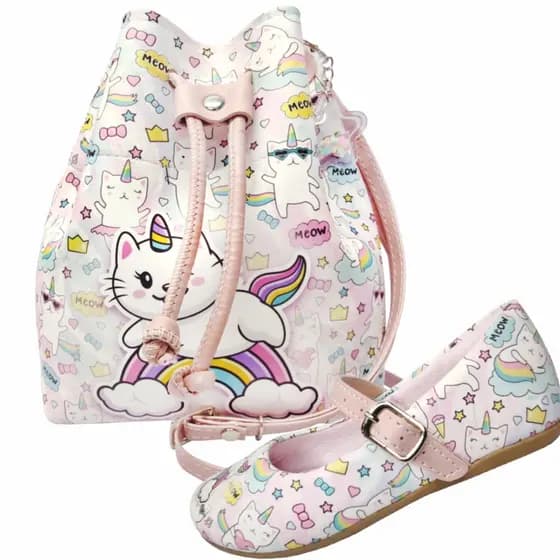 Kit Infantil Feminino Sapatilha Infantil e Bolsa Infantil Gatinho Arco-Íris Menina Bolsinha Infantil, Magicc Kids (1227)