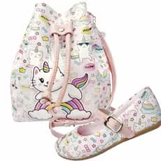 Kit Infantil Feminino Sapatilha Infantil e Bolsa Infantil Gatinho Arco-Íris Menina Bolsinha Infantil, Magicc Kids (1227)