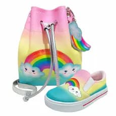 Kit Infantil Bolsa Infantil  e Tênis Infantil Feminino Casual Arco-Íris com Glitter Magicc Kids TB-070
