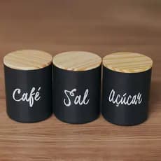 Kit 3 Unid Pote Para Café Açúcar Sal Tampa de Madeira Porta Mantimentos Decorado