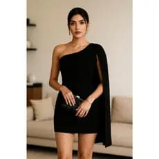 Vestido feminino alfaiataria ombro único com capa elegante social Réveillon Natal