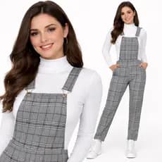 Macacão feminino xadrez estilo jardineira calça moda feminina inverno 2026