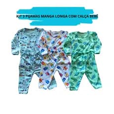Kit 03 Pijama Manga Longa Bebê Masculino Infantil Menino P ao GG 100% Algodão Fresco Dormir