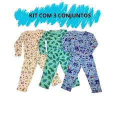 Kit 03 Pijama Manga Longa Masculino Infantil Menino 02 Ao 16 100% Algodão Para Dormir Conforto