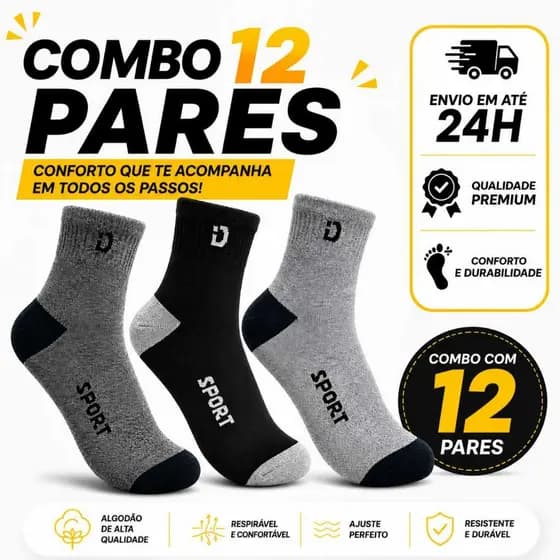 Meia Masculina Cano Alto Esportiva Kit 3 6 12 Pares Algodão Confortável Academia Caminhada 37 ao 40