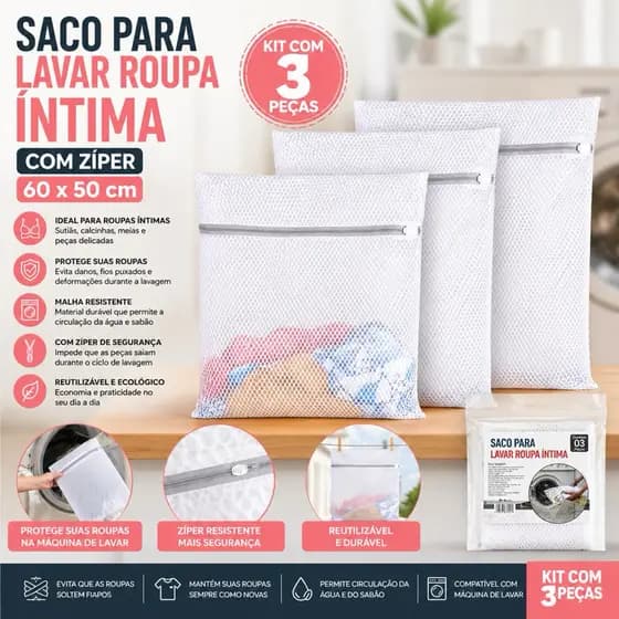 SACO PARA LAVAR ROUPA INTIMA COM ZIPER 60X50CM KIT 3 UNIDADES.