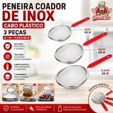 PENEIRA COADOR DE INOX CABO PLASTICO COM 3 PECAS 8 / 10 / 11,5CM DE Ø BONS CHEFF