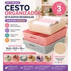 KIT 3 PEÇAS CESTO ORGANIZADOR DE PLÁSTICO RETANGULAR 34,5X23,5X10CM TAMANHO GRANDE. Kit com 3 peças