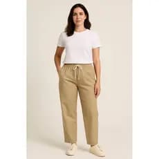 calça caqui feminina casual cor bege tamanho M/38 com elástico e cadarço na cintura modelo reta! bolso frontal