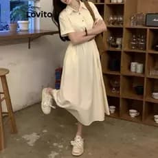 vestido longo feminino coreano atemporal clássico gola polo botões frontais