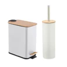 Kit Lavabo Banheiro Bambu Lixeira Pedal 5 Litros + Escova