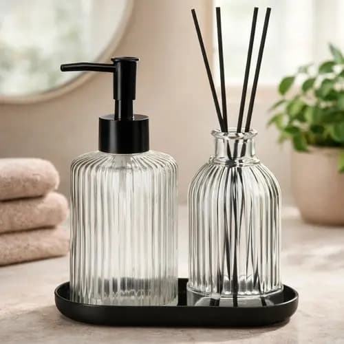 Kit Lavabo Vidro Bandeja Difusor Aromatizador de Ambiente Porta Sabonete Líquido Banheiro Higiene Luxo 557