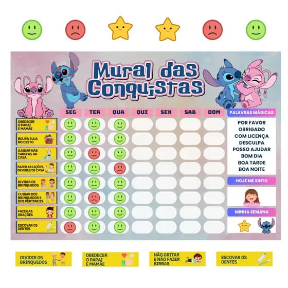 Mural Das Conquistas Rotina Diaria Infantil Lilo & Stitch Emoções