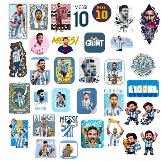 Cartela com 34 Adesivos Temático do Lionel Messi Impermeáveis e Ideais p/ Decorar e personalizar