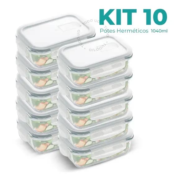 Kit 10/5 Potes Hermético 1040ml Vidro 4 Travas Marmita Armazenamento De Alimentos Cozinha