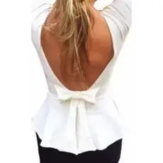 Blusa Peplum Branca Manga Longa Roupas Femininas Blusa Peplum Babado Costa Nua Com Laço