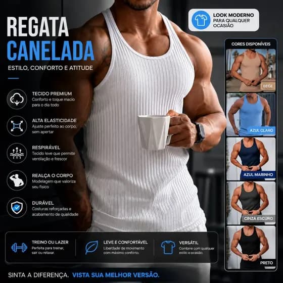 Regata Masculina Cavada Estilo Americano  Ribana Canelada Academia Treino Verão Confortável