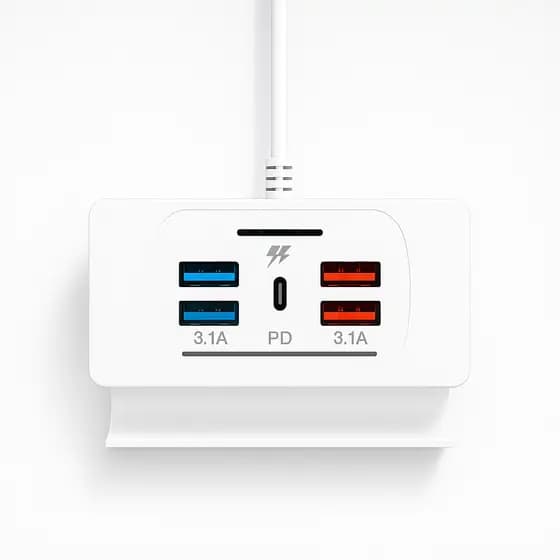 Carregador de Parede 5 em 1 USB-C e USB-A 3.1A Rápido Compatível com iPhone Samsung Xiaomi