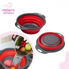 Escorredor de Silicone Redondo Retrátil Multiuso com Alça Macarrão Frutas Alimentos 8 x 25 x 20cm - Colorido