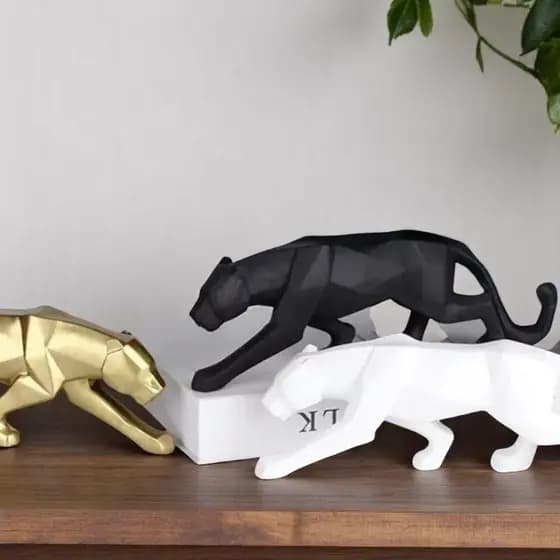 Escultura Pantera Decorativa PLA 3D Geométrica Estátua Decoração  Sala - Quarto - Branco Dourado Preto