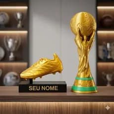 Kit Rumo ao Hexa | Taça Copa do Mundo + Troféu Chuteira de Ouro Personalizado | Decoração Premium