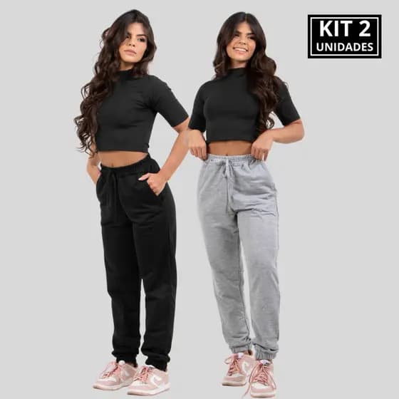 KIT 2 Calças Moletinho Feminina Jogger Bolso Academia Básico Casual