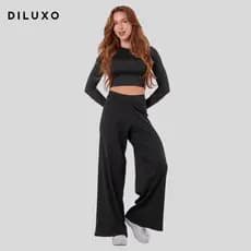 Calça Feminina Diluxo Pantalona Cós Alto elástico Preta Canelada