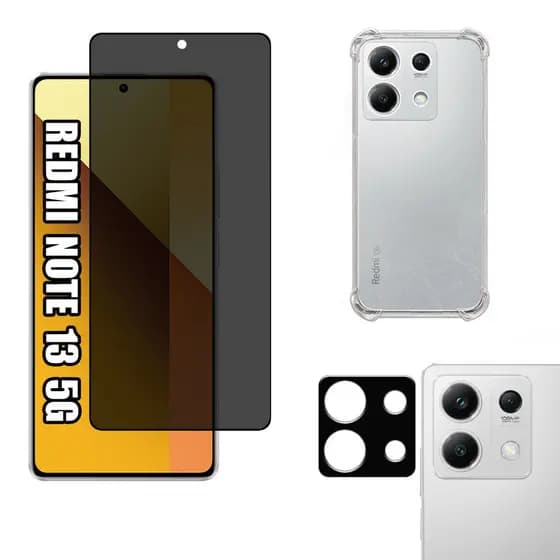 KIT Para Xiaomi Redmi Note 13 5g | Película de Privacidade 3D - Capa Anti Shock - Película da Câmera 3D