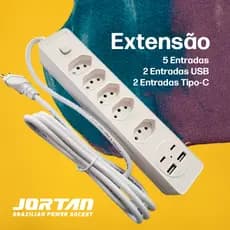 Filtro de linha Extensão 5 Tomadas 2m C/ 2 Entrada Usb 2 Entrada Type C Bivolt Régua Elétrica Tomada